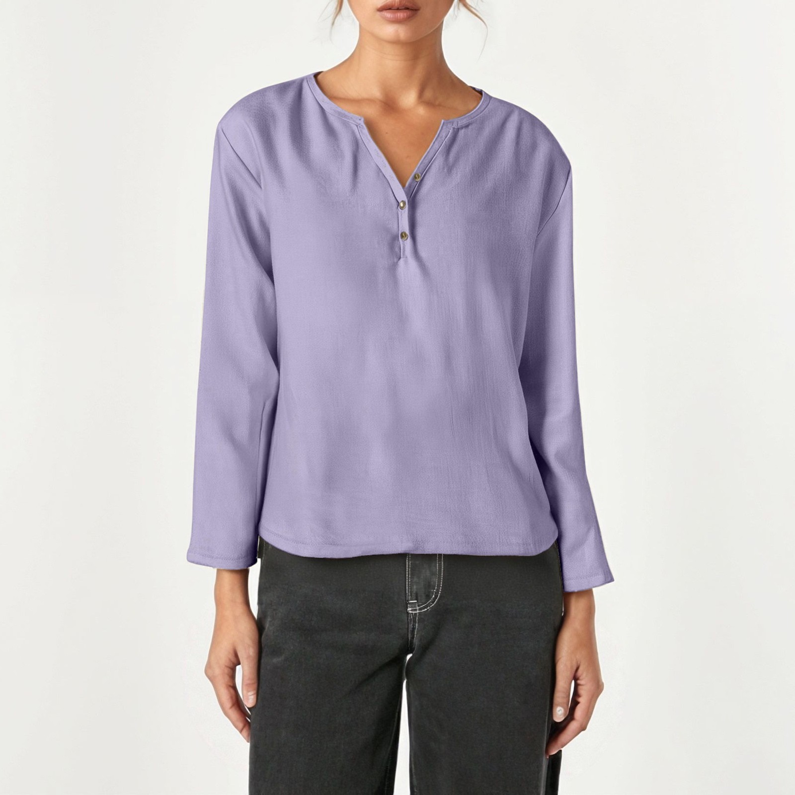thumbnail image 2 of Camiseta informal de manga larga y cuello en V - Elegante cuello en V, color versátil, tejido cómodo, 2 of 5